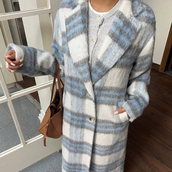 Blue And White Casual Women's Plaid Lined Coat - Picture 5 of 7